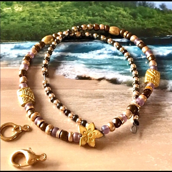 Anklet Bracelet Customized Gold Flower Mauve Brown Black Beads New - Picture 6 of 6